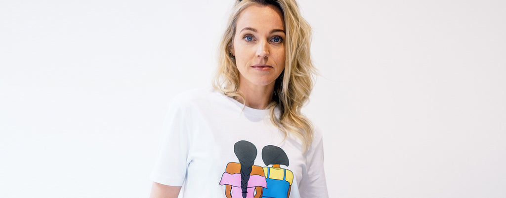 Free a Girl x Goat collab T-shirt worn by Loes Haverkort.
